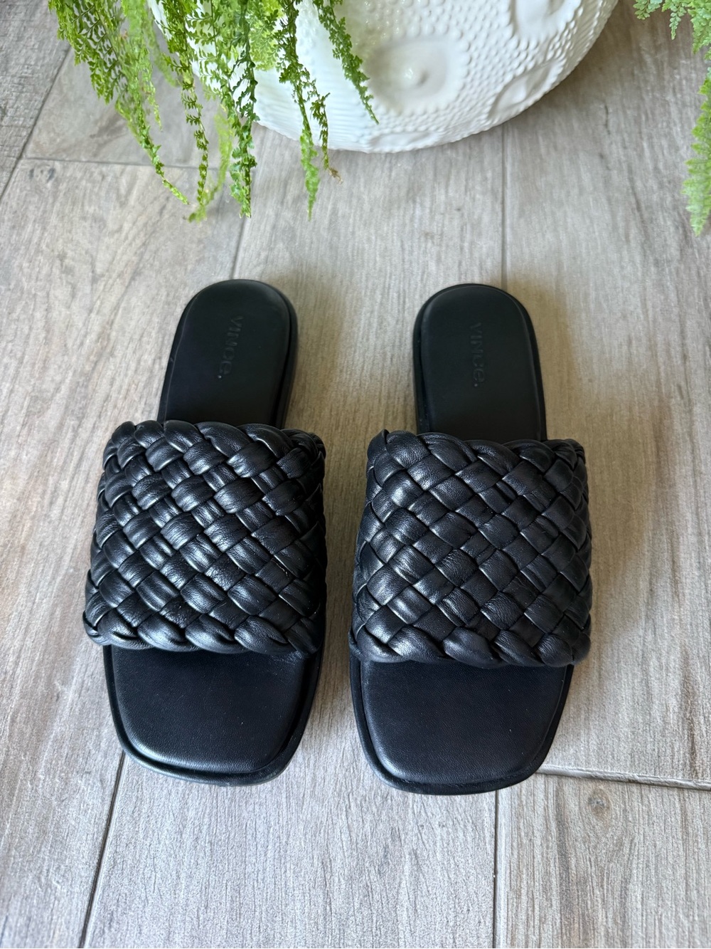 Vince Rumi Woven Leather Black Slide Sandals Women’s
